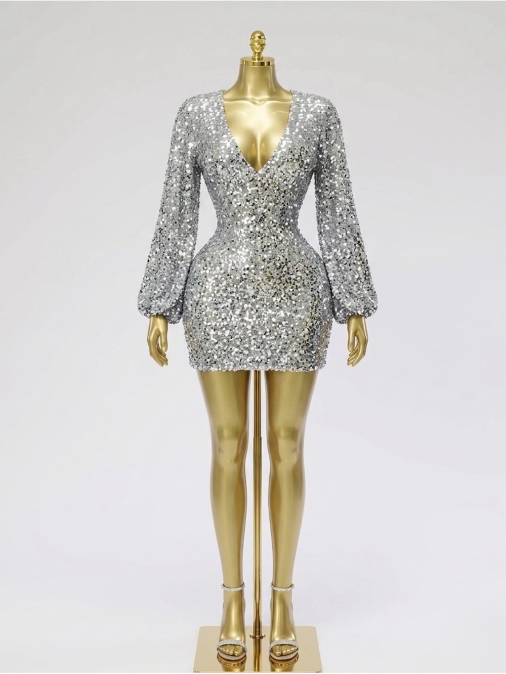 Fashion Nova Silver Sequin V-Neck Mini Dress